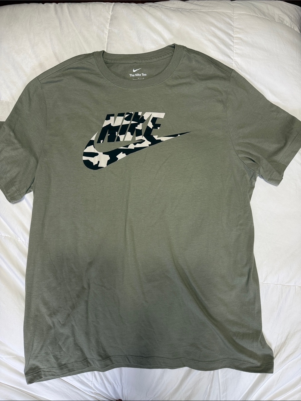 Nike Short-Sleeve Olive Green Tee with Camo Swoosh